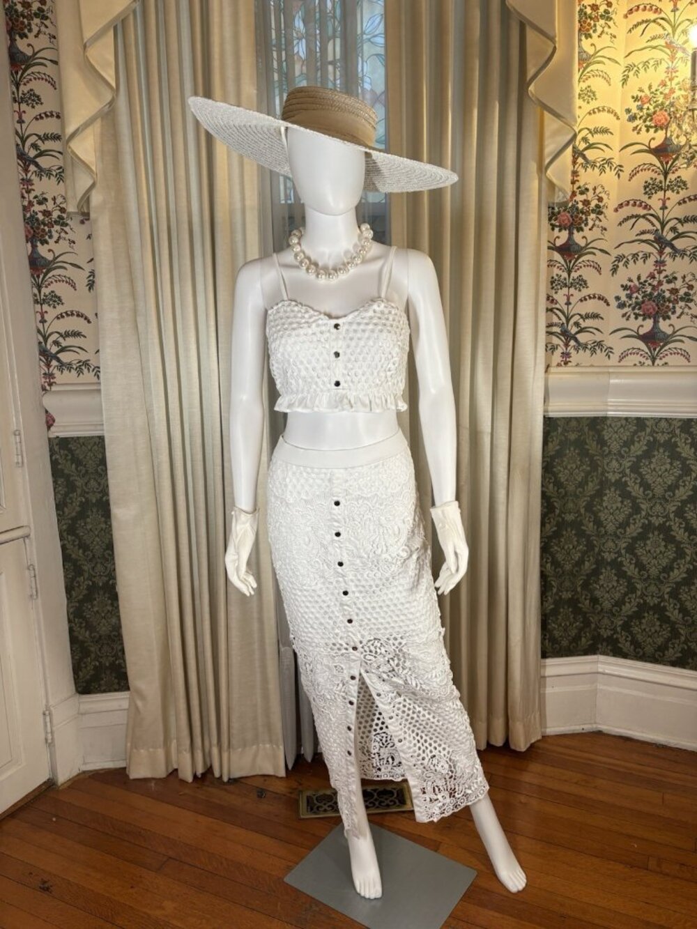 Glamaker White Crochet Lace Crop Top Pencil Maxi Skirt Set S